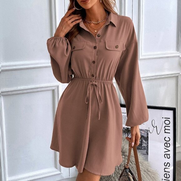 Dresses & Skirts - Dusty Pink Casual Women's Lantern Sleeve Flap Detail Shirt Dress Without Belt